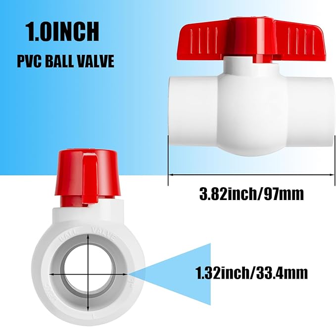 6PCS 1" PVC Ball Valve, Shut-Off Ball Valves Socket with Easy Turn Red T-Handles, Slip PVC Valve for Water Project, Swimming Pool, Sewage Pump, Sprinkler Lines, Outdoor Plumbing & Irrigation System