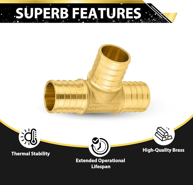 2-Pack Foskan PEX Fittings, 1" PEX Tee, Brass Barb Crimp PEX Fittings for Hot or Cold Water Distribution