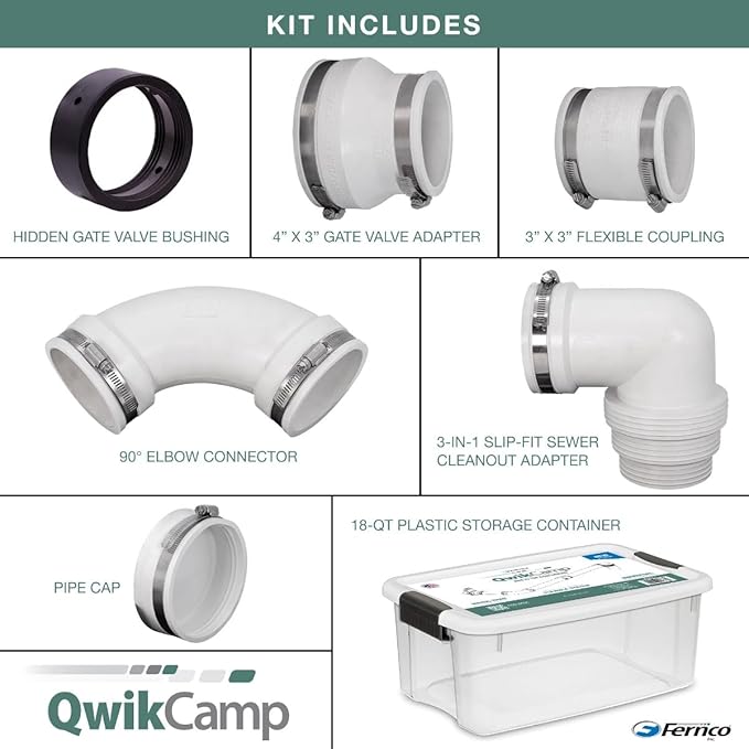 Fernco QwikCamp RV and Camper Sewer Waste Plumbing Connection System Kit with Slip Fit Coupling Adapter for 3-in. PVC Pipe in White
