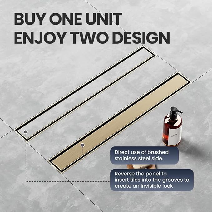Linear Shower Drain 36 Inch Gold, Shower Drain with 2-in-1 Tile Insert Panel, Brushed AISI 304 Stainless Steel Linear Drain for Fast Drainage, Floor Drain for Bathroom, Kitchen, Garage & More