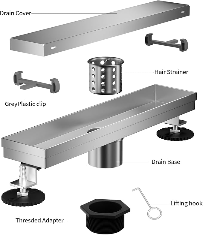 Linear Shower Drain, 304 Stainless Steel with Adjustable Leveling Feet, Hair Strainer,Reversely Install Place to Create an Invisible Floor Drain - Silver -54-Inch