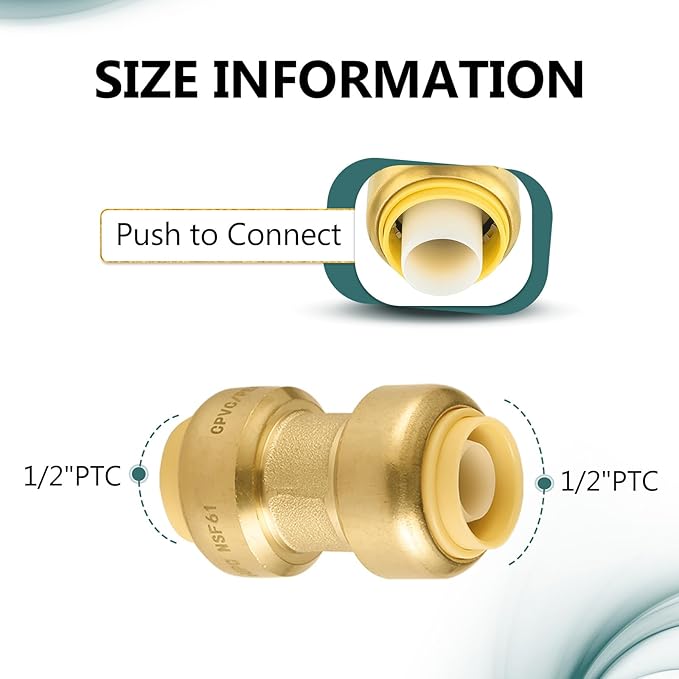 10-Pack Niikappu Push Fit Fittings, 1/2" x 1/2" Brass Plumbing Fittings to Connect PEX, Copper, CPVC, Brass Straight Coupling With Disconnect Clip