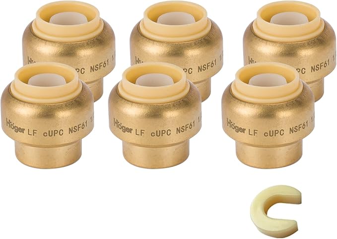 3/4 Inch Push End Cap,6 Pack PEX Brass Push-fit End Cap Plug with 1 Pack Discount Clip, Push-to-Connect Plumbing Fittings for Copper, PEX Pipe, CPVC