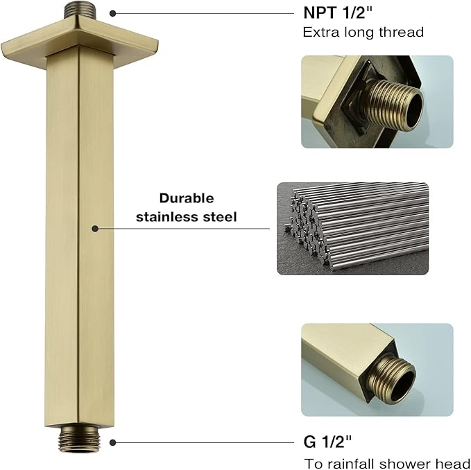 TRUSTMI Square Shower Arm with Flange 8 Inch Extension Arm for Rainfall Shower Head Ceiling Mounted Stainless Steel, Brushed Gold