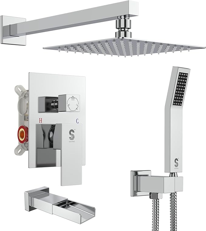 SR SUN RISE 12 Inches All Metal Square Shower System with Tub Spout, Tub Shower Faucet Set, High Pressure Rain Shower Head and Handheld Sprayer Combo Shower Fixtues, Valve Included, Polished Chrome