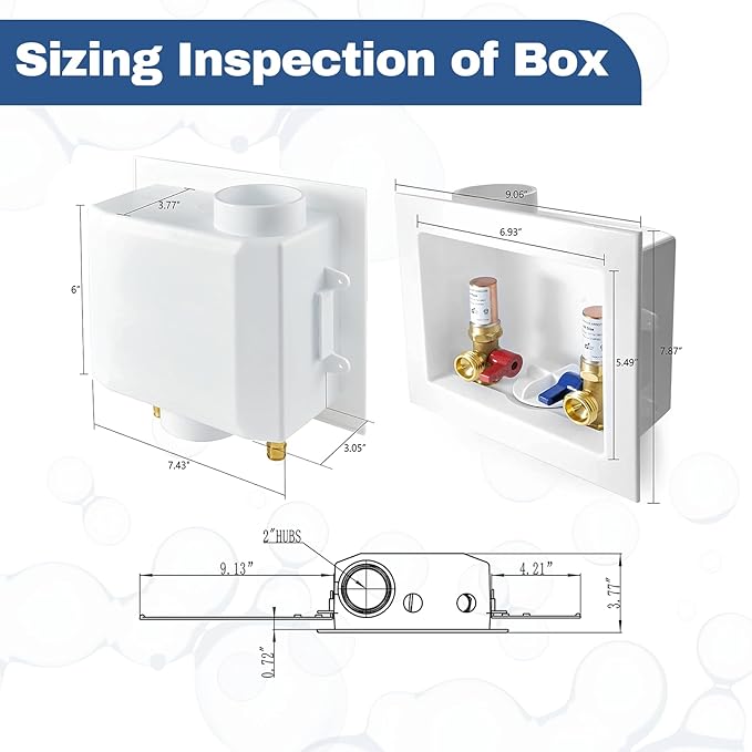 2-PACK GUOFIS Washing Machine Outlet Box with Copper Water Hammer Arrestor, PEX Laundry Washer Box with Central and Side Drain Design(1/2"PEX Crimp Connection Inlet X 3/4"MHT Outlet)(WM012-2Pack)