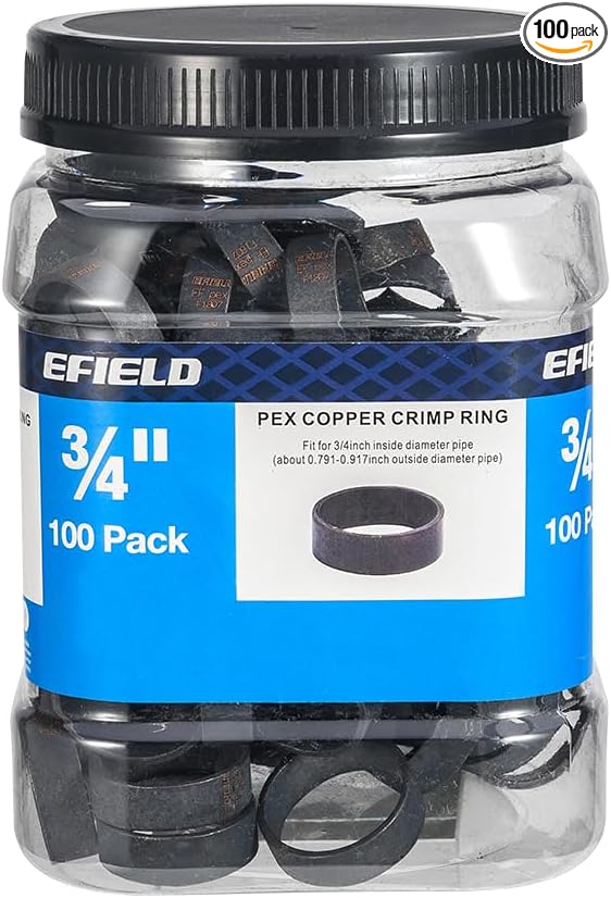 100-Pack in Bottle EFIELD 3/4" Pex Copper Crimp Rings For Pex Pipe Connection,Black-Oxidized Surface Treatment,(CLAMP025)