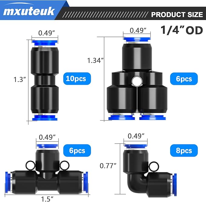 mxuteuk 1/4"OD Push to Connect Fittings Quick Connect Air Hose Fittings,1/4"OD Air Hose Fittings,Air Line Fittings for 1/4" Tube (30PCS)