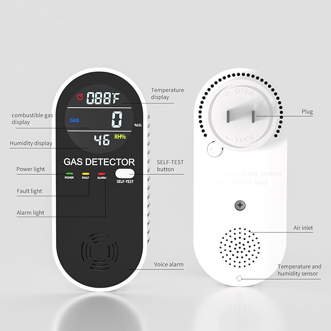Natural Propane Gas Detector,3 in 1 Plug-in Combustible Gas Leak Detector Monitor(Gas, Temperature and Humidity Display) for Home & RV Leak Alarm for LNG, LPG, Methane-2Pcs