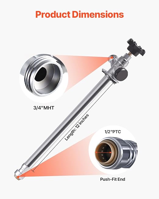 VEVOR 12-Inch Frost-Free Sillcock, 1/2" PTC x 3/4" MHT Hose Bibb, Anti-Siphon Lead-Free Brass Valve, Push-to-Connect Brass Plumbing Fitting, Compatible with PEX, Copper, CPVC Pipes
