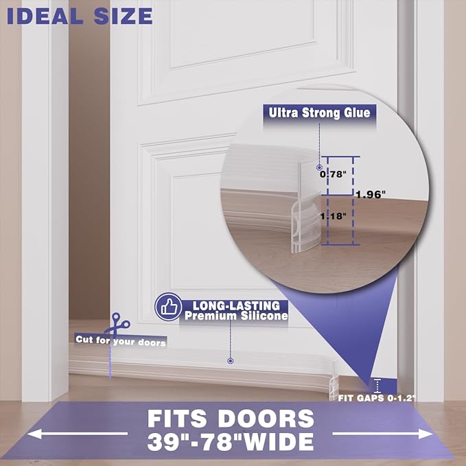 Door Draft Stopper,Adjustable Door Sweep for Bottom of Door,Silicone Weather Stripping Door Bottom Seal Blocker Air Noise,Under Door Gap Filler for Interior/Exterior Doors(Transparent, 78inch)