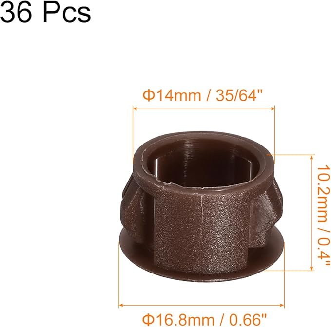 uxcell 14mm(35/64") Plastic Hole Plugs, 36Pcs Flush Type Panel Round Snap in Fastener Knockout Locking Plugs for Furniture Insert End Caps Panels, Brown