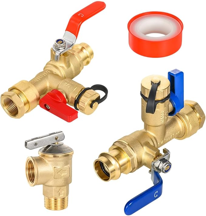 3/4 Inch FIP x 3/4 Inch Press EFIELD IPS Isolator Tankless Water Heater Service Valve Kit, with Pressure Relief Valve,(TOOL055)