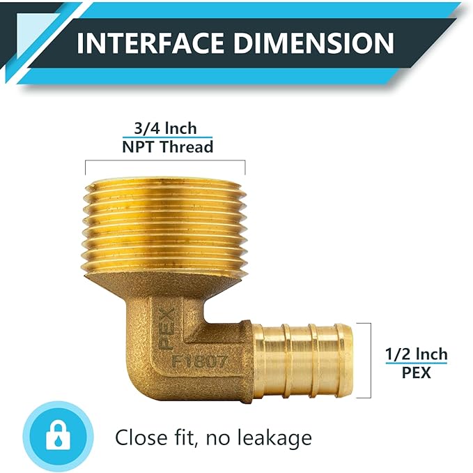 (100-Pack) PEX Fittings, Pex 1/2" x 3/4" Male Threaded NPT Elbow Adapter, Brass Crimp Fittings, for PEX Tubing Pipe Plumbing, ASTM F1807(PEX1807103-100Pack)