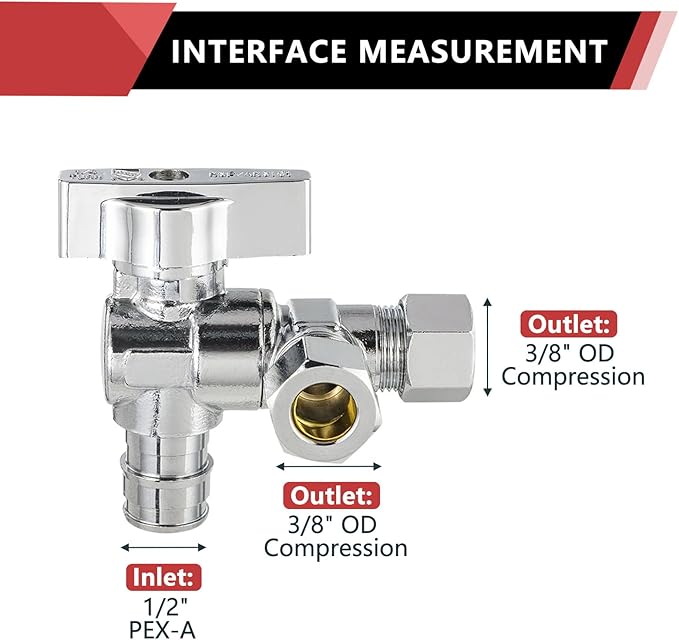 (Pack of 2) EFIELD Dual Outlet Angle Stop Valve, Quarter Turn, 1/2" Expansion F1960 Pex-A Inlet x (3/8 inch x 3/8 inch) Compression Outlets, Chrome Plated Brass,(VALVE203)