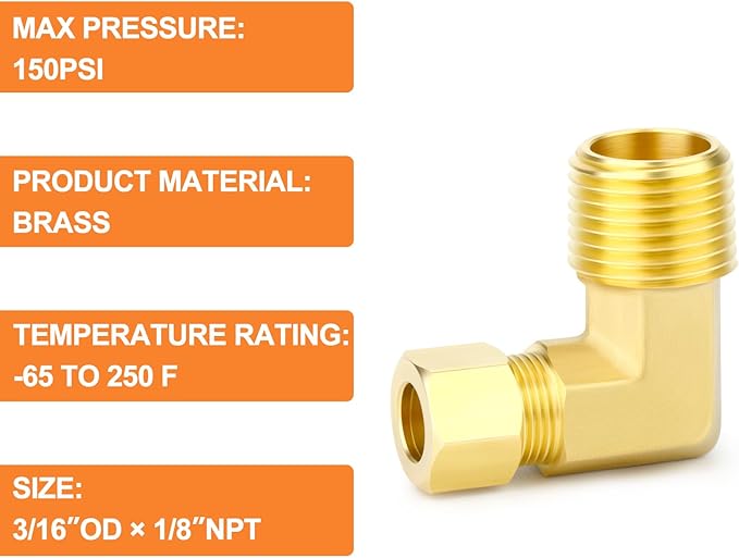 GASHER 10PCS Brass 90 Degree Elbow Compression Tube Pipe Fitting Connector, 3/16" Tube OD x 1/8" NPT Male Connector
