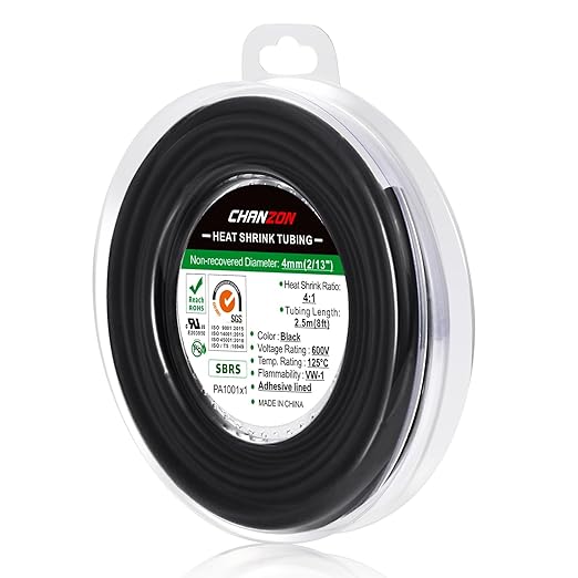 Chanzon 4:1 Ratio 5/32" (4mm) Heat Shrink Tubing - Marine Grade Waterproof Adhesive Lined - 8Ft Roll (2.5M Total Length) Black Polyolefin Sleeving Wrap Shrinking 4 to 1 Ratio 1pcs