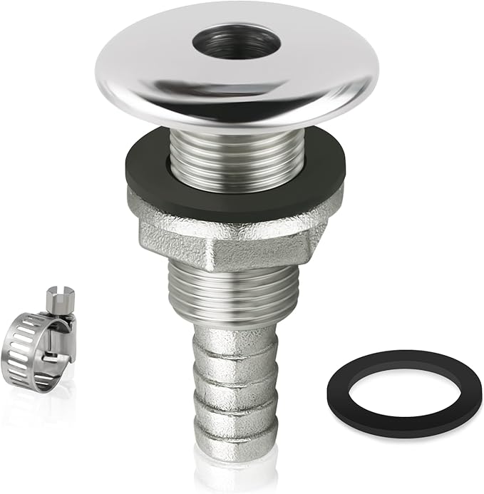 Thru Hull Fittings for Boats, Stainless Steel Yacht Through Hull Connecter with Straight Barb, Marine Barbed Hose Skin Fitting Drain for 3/4 inch I.D. Hose, 1 inch I.D. Hose