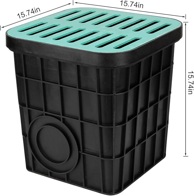 15x15x15 in Catch Basin with Fiber Glass Grate for Drainage, Large Drainage Basin with Debris Basket, French Drain Basin Strainers Without Reserved Hole for Yard, Downspout, Municipal Pipeline
