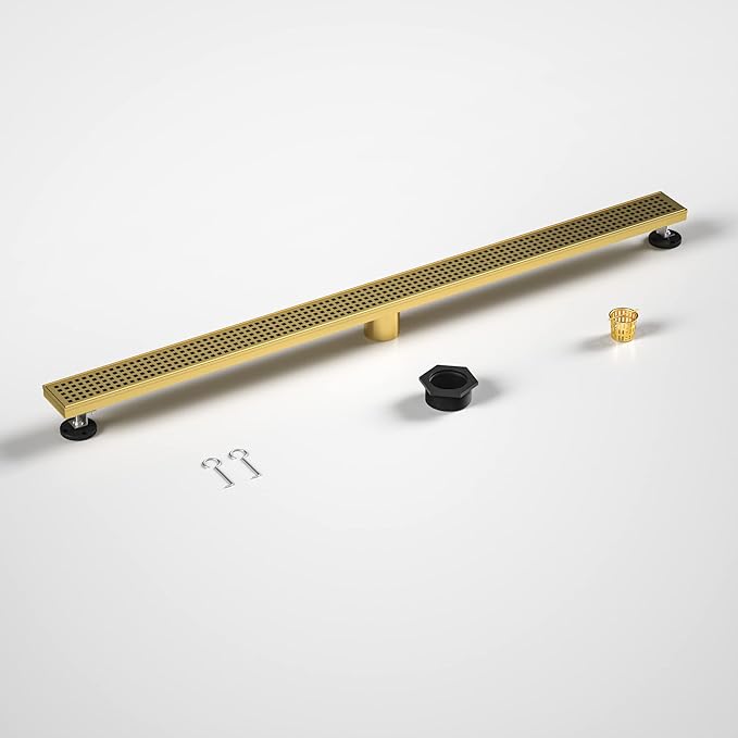 Linear Shower Drain 42", 304 Stainless Steel Floor Drain with Grid Drain Cover & Hair Strainer, Rectangular Shower Drain w/CUPC Certified, Brushed Gold