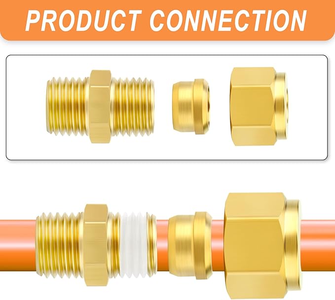GASHER 5PCS Brass Compression Tube Pipe Fitting Connector, 10mm Tube OD Connector