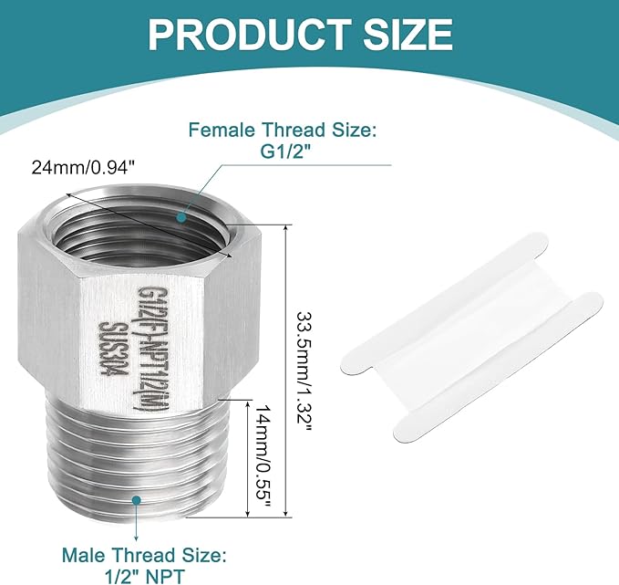 uxcell Pipe Fitting Reducing Adapter, 1/2" NPT Male x G1/2" Female 304 Stainless Steel Reducer Connectors for Water Oil Air Pressure Gauge, Silver