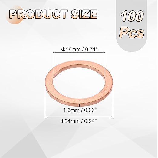 uxcell 100Pcs M18 Flat Washer Copper Washer Sealing Rings, 18mm ID 24mm OD 1.5mm Thickness Copper Crush Washers Metric Sealing Gasket for Plumbing Machinery Automotive