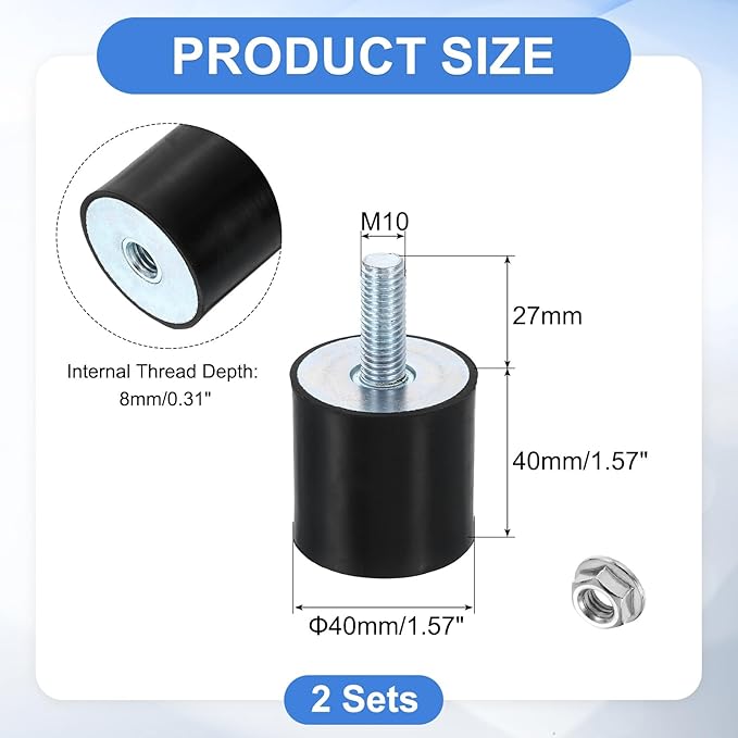 uxcell M10 Rubber Mounts, 2Pcs 40x40mm(DxH) Rubber Cylindrical Anti Vibration Isolator Shock Absorber with Lock Nut for Car Bobbin Generator Air Compressors