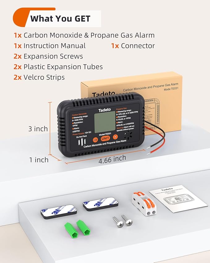 Tadeto RV Carbon Monoxide and Propane Gas Alarm, 12V DC Hardwired CO/LPG Gas Leak Alarm with Light and Audible Indicator, RV Propane Detector with Reset/Backlight for RV/Trailer/Camper