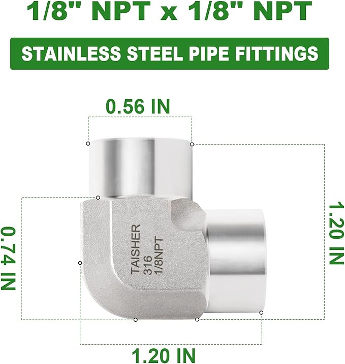 TAISHER 2PCS 316L Stainless Steel 90 Degree Barstock Street Elbow, 1/8" NPT Female to 1/8" NPT Female 316L Stainless Pipe Fitting