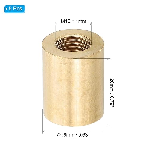 PATIKIL Lamp Pipe Brass Coupling Nut, 5 Pcs 20mm Long M10 Fine Round Thread Sleeve Lamp Pipe Adaptor Rod Connector Hardware for Light Fixture Assembly or Repair, 16mm OD.