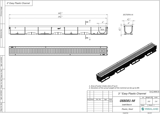 Vodaland - 3 Inch Easy 1 Premium Trench Drain Channel - Galvanized Stamped Steel Grating (3)