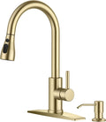 FORIOUS Gold Kitchen Faucet with Soap Dispenser, Single Handle Stainless Steel Transitional Sink Faucet with Pull Down Sprayer 1 or 3 Hole, Suitable for Farmhouse Laundry Camper RV Bar