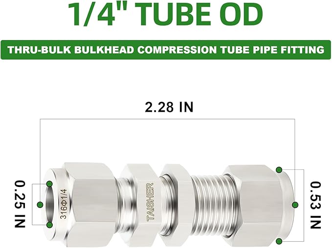 TAISHER 1PCS 316 Stainless Steel Thru-Bulk Bulkhead Compression Tube Pipe Fitting Connector, 1/4" Tube OD x 1/4" Tube OD Straight Adapter