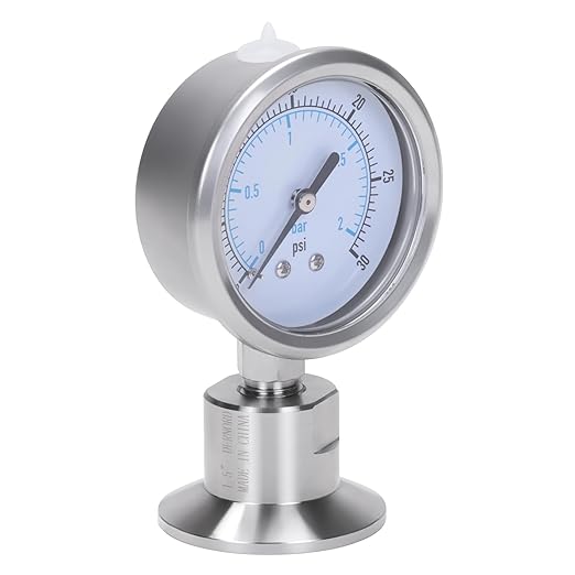 DERNORD Sanitary Pressure Gauge SS304, 2.5" Dial, 0-30 PSI, 1.5" Tri Clamp Bottom Mount