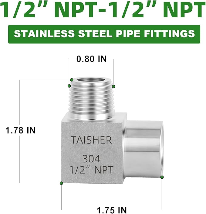 TAISHER 2PCS 304 Stainless Steel Square 90 Degree Barstock Street Elbow, 1/2 Inch NPT Male Pipe to 1/2 Inch NPT Female 304 Stainless Pipe Fitting