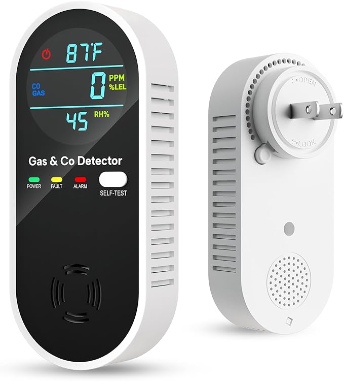 Carbon Monoxide Detectors & Natural Gas Detector, 4-in-1 Carbon Monoxide Detectors Plug in, Gas Leak Detector with Dual Alarms, Temperature & Humidity Sensor for Home, RV, Black, 1 Pack