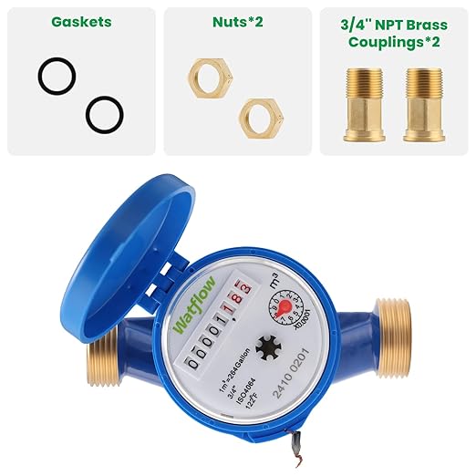 Watflow DN20 Water Meter 3/4" NPT, ISO4064 Certification Cubic Water Flow Meter, Cold Water Meter for Garden/Home/Apartment, Horizontal Install.