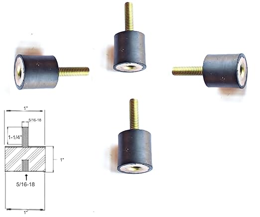 4 Rubber Vibration Isolator Mounts (1" Diameter x 1" Height) 5/16-18 x 1-1/4" Long Stud