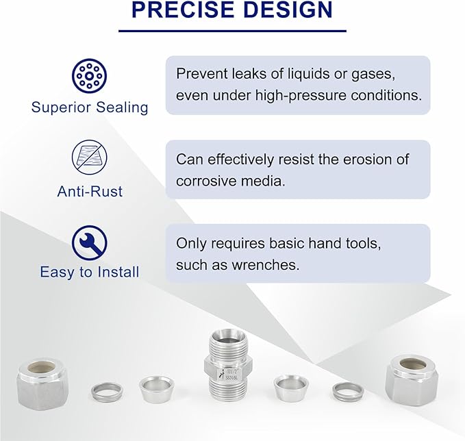 316 Stainless Steel Compression Tube Fitting 1/4" OD x 1/4" OD Straight Union Adapter Connector with Double Ferrules for Oil, Chemical, and Natural Gas Connections