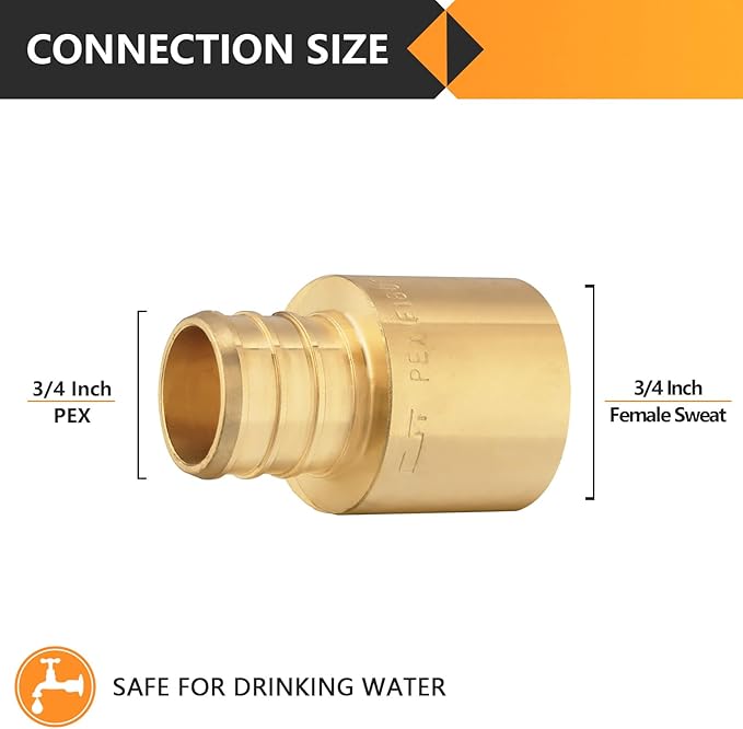 10-Pack HeSun PEX Fittings, 3/4" PEX x 3/4" Female Sweat Adapter (Over Copper Tube), Brass Crimp Fitting for ASTM F1807(PEX1807129)