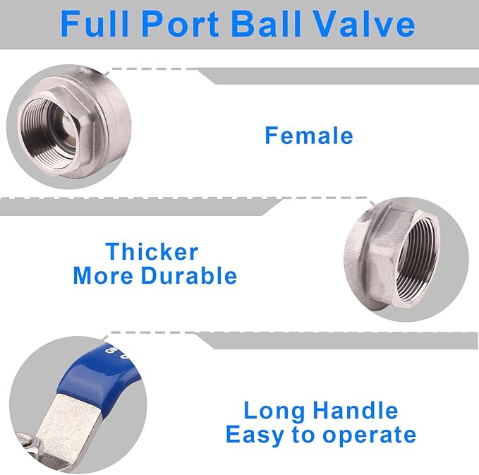 DERNORD Ball Valve Stainless Steel 304 1-1/2" NPT Heavy Duty for Water, Oil, and Gas with Blue Locking Handles (Pack of 2)
