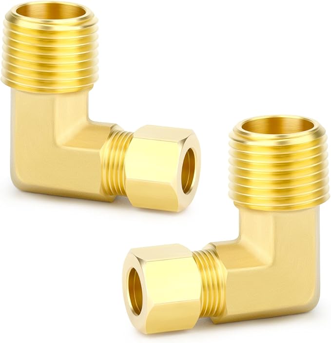 GASHER 5PCS Brass 90 Degree Elbow Compression Tube Pipe Fitting Connector, 3/8" Tube OD x 1/2" NPT Male Connector