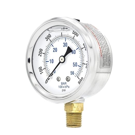 PIC Gauge PRO-201L-254L 0-800 PSI Pressure Gauge, 2 1/2" Dial, 1/4" Male NPT Connection, Bottom Mount, Dual Scale, Glycerin Filled, Stainless Steel Case/Bezel, Brass Internals & Plastic Lens