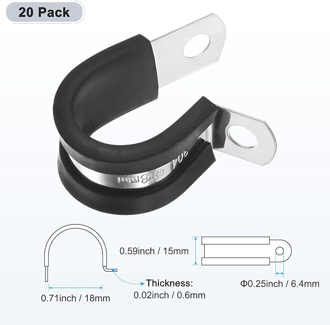 20-Pack Cable Clamps, 23/32 Inch/ 18 mm 304 Stainless Steel Rubber Cushioned Insulated Cable Clamp R Shape Metal Holder for Tube/Wire/Pipe/Loop Installation