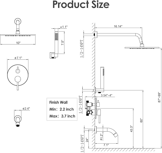 Gabrylly Black Shower System with Tub Spout, Bathtub Shower Faucets Set with 3-Way Shower Valve, High Pressure 10" Rain Shower head with Handheld Spray Combo, Wall Mounted Tub Shower Kit, Matte Black