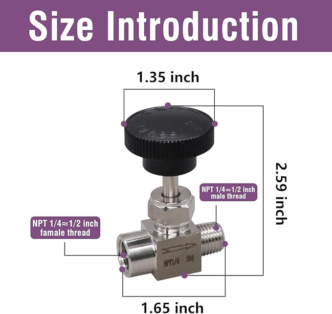 Gas Needle Valve 1/4 NPT Female x 1/4 NPT Male, Stainless Steel Industrial Control Valves for Oil and Water, 1PC