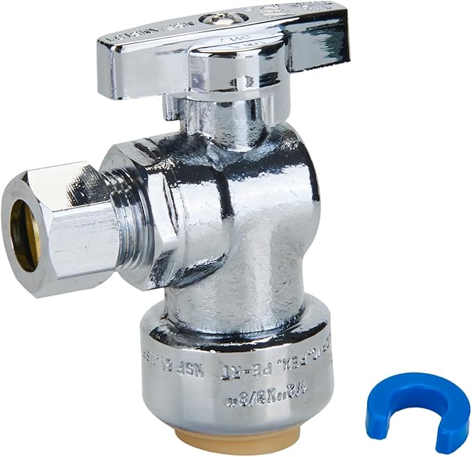 SUNGATOR 1-Pack Angle Stop Valve, Angle Water Shut Off Valve 1/2 x 3/8 Inch Compression, Toilet Water Shutoff, 1/4 Turn, No Lead Brass Push-to-Connect Plumbing Fittings for PEX Pipe, Copper, CPVC