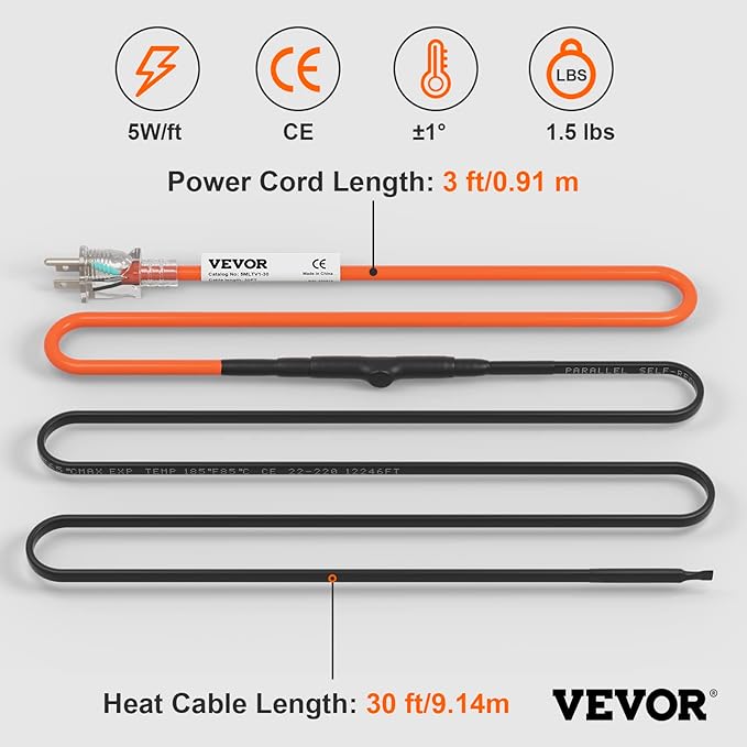 VEVOR Self-Regulating Pipe Heating Cable, 30-feet 5W/ft Heat Tape for Pipes Freeze Protection, Protects PVC Hose, Metal and Plastic Pipe from Freezing, 120V