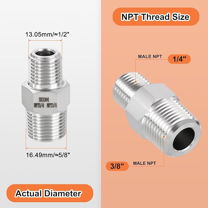 2 Pack 304 Stainless Steel Male to Male Adapter, 3/8" Male NPT x 1/4" Male NPT Hex Nipple Pipe Extension Fitting for Industrial, Automotive, Fluid Transfer, Home Gardening, Water